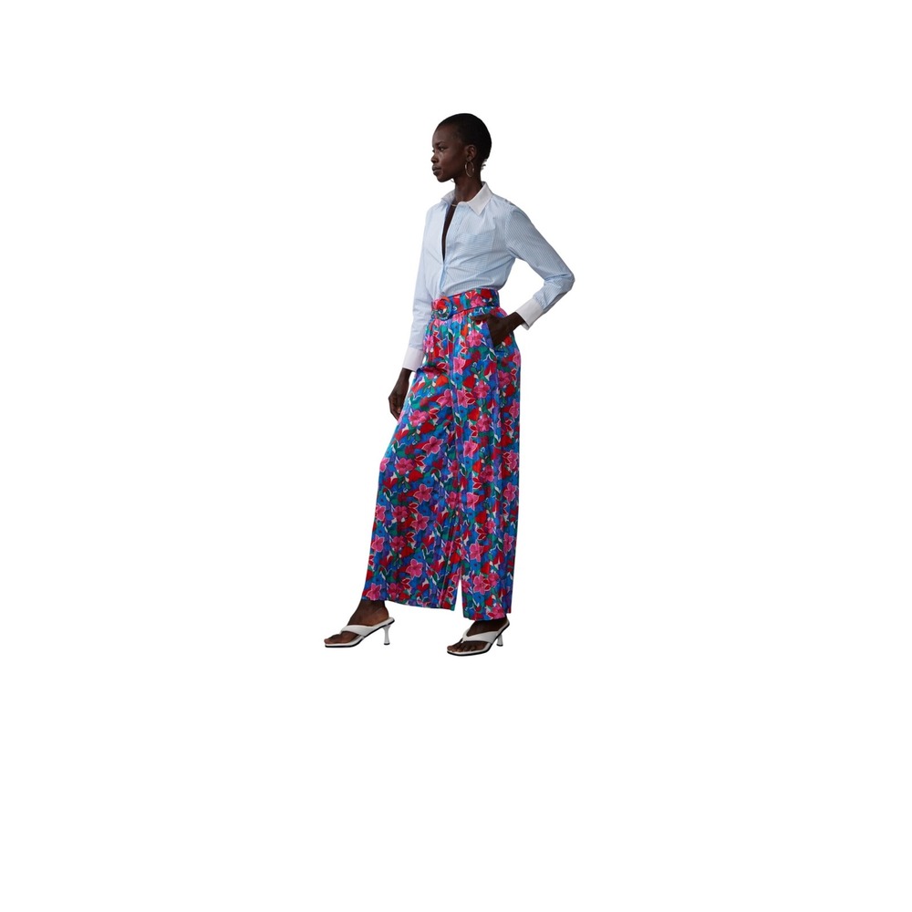 NY&C Floral Wide Leg Palazzo Pants High Waist Belted‎ Pockets Colorful Size S